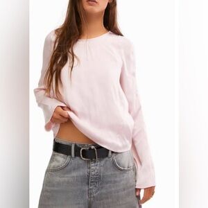 NWT Free People Light Pink Long Sleeve Black Lace-Up Back Arabella Blouse Size L